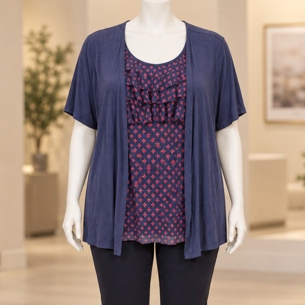 Croft & Barrow Womens Blouse Navy Blue Layered Mesh Hem Short Sleeve 1X